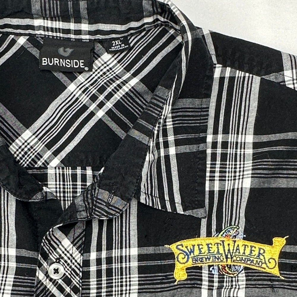 Sweetwater Brewing Burnside 2XL Black Plaid Short Sleeve Button Up Shirt RARE